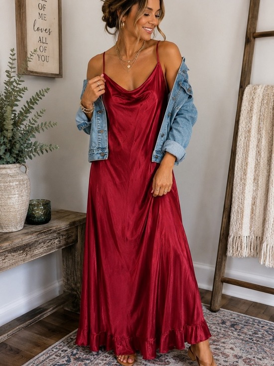 Anthropologie Dresses & Skirts - NWT Ruby Red Satin Cowl Neck Maxi Dress Women's Large